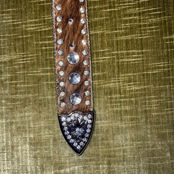 Nocona Brown Calf Hair Leather Studded Iridescent Rhinestone Belt M 32.5-38.5” - Picture 12 of 16
